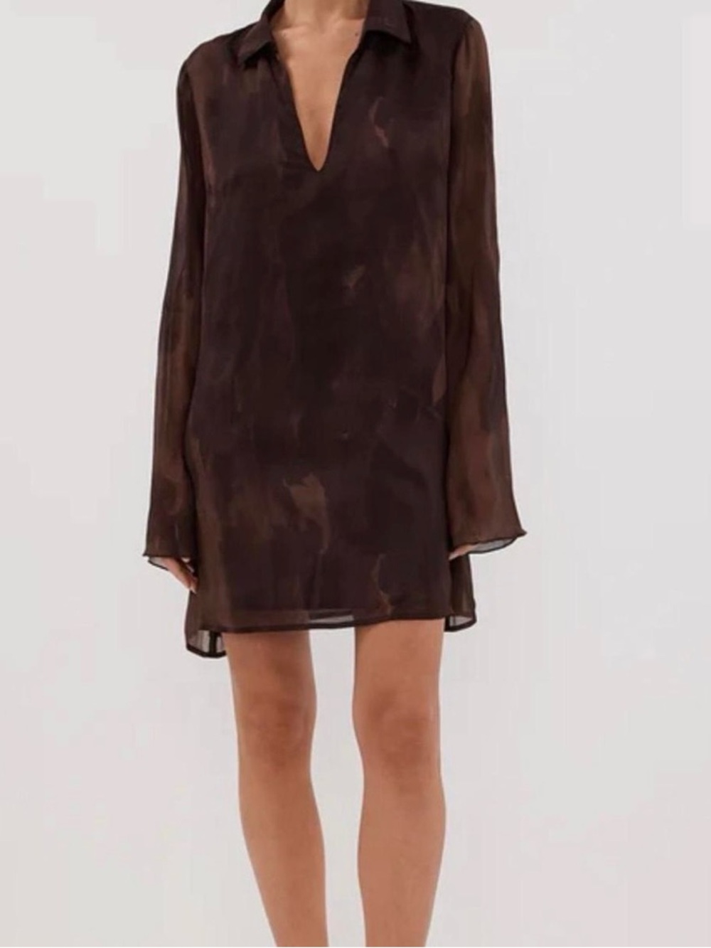 DISSH Chocolate Brown Sheer V-Neck Mini Dress